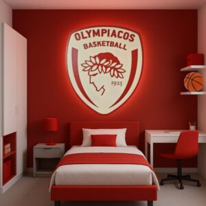 Laser Cut Φωτιστικό τοίχου ή οροφής OLYMPIACOS B.C. με 2 επιλογές κρυφού φωτισμού LED, σε 2 διαστάσεις