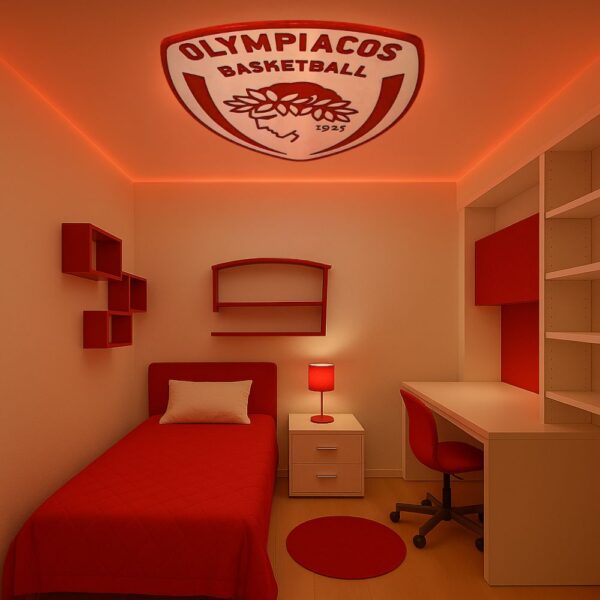 Laser Cut Φωτιστικό τοίχου ή οροφής OLYMPIACOS B.C. με 2 επιλογές κρυφού φωτισμού LED, σε 2 διαστάσεις - Image 2