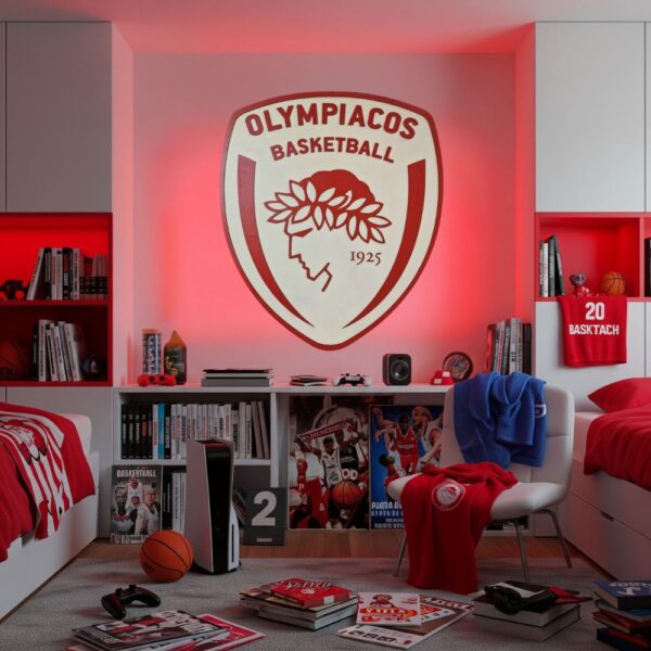 Laser Cut Φωτιστικό τοίχου ή οροφής OLYMPIACOS B.C. με 2 επιλογές κρυφού φωτισμού LED, σε 2 διαστάσεις - Image 5